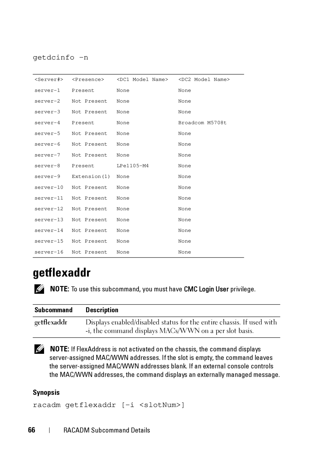 Dell IDRAC6 1.95, IDRAC6 3.5, CMC 3.2 manual Getflexaddr, Getdcinfo -n 