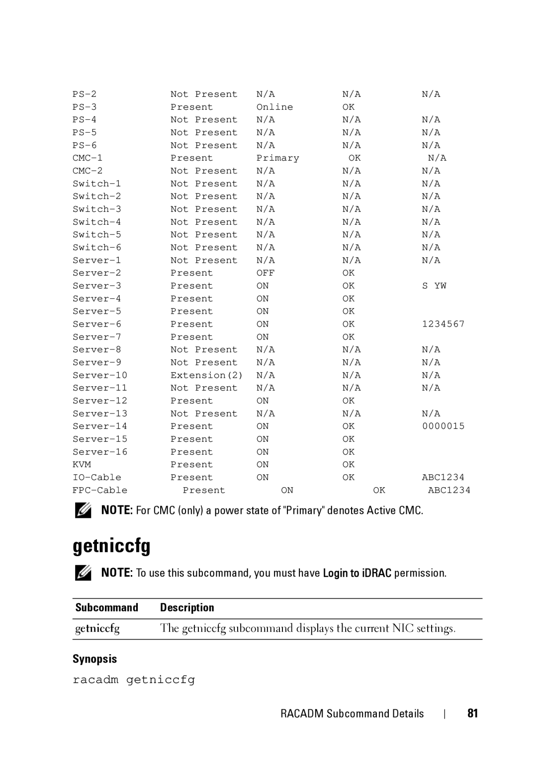 Dell IDRAC6 1.95, IDRAC6 3.5, CMC 3.2 manual Getniccfg, Off 