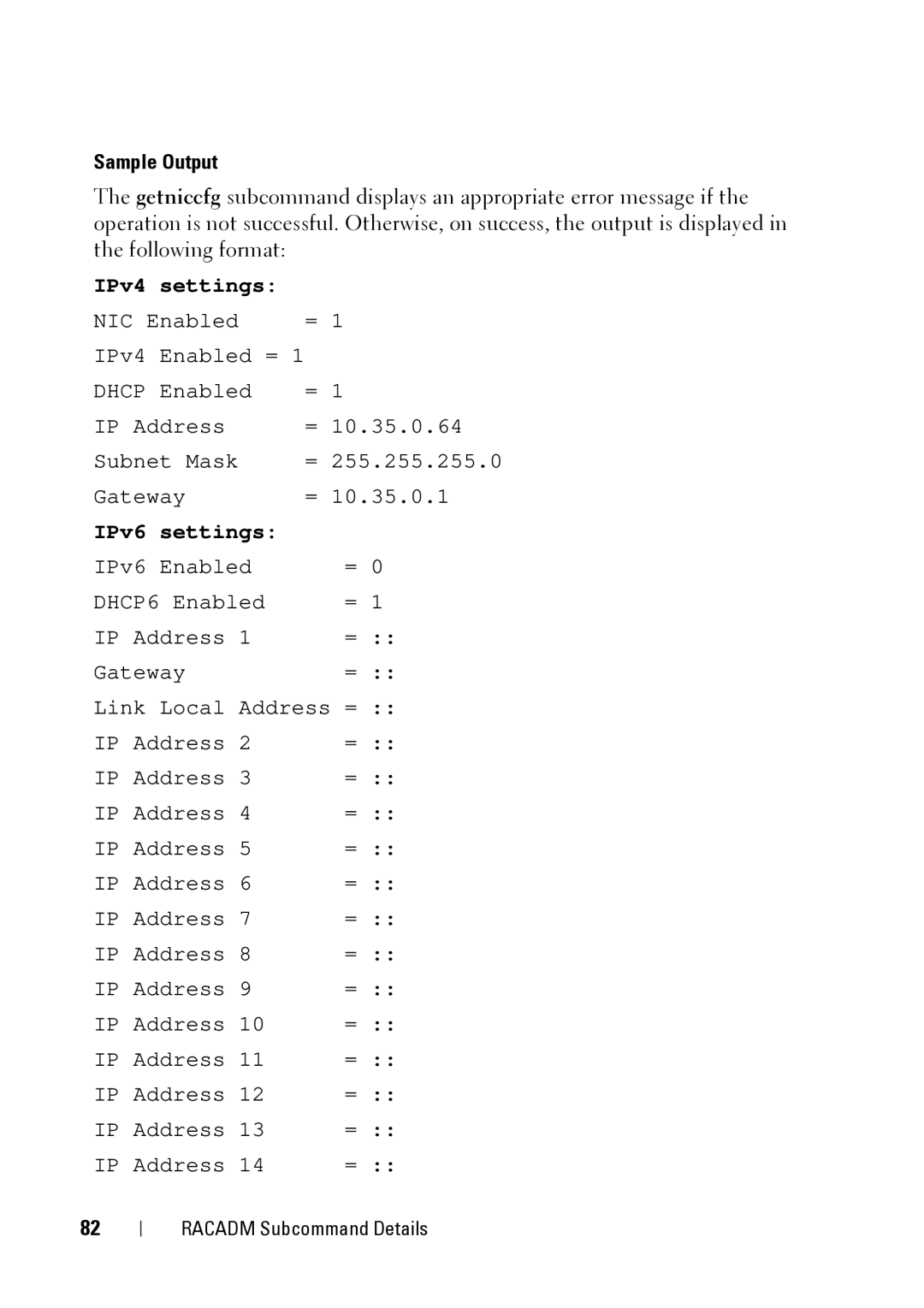 Dell IDRAC6 3.5, IDRAC6 1.95, CMC 3.2 manual Sample Output, IPv6 settings 