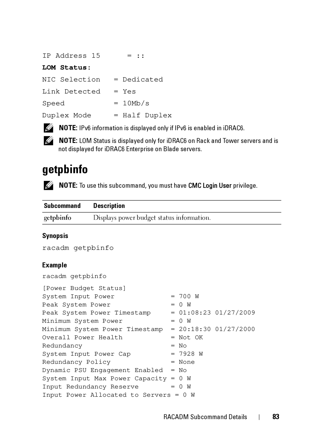 Dell CMC 3.2, IDRAC6 1.95, IDRAC6 3.5 manual Getpbinfo 