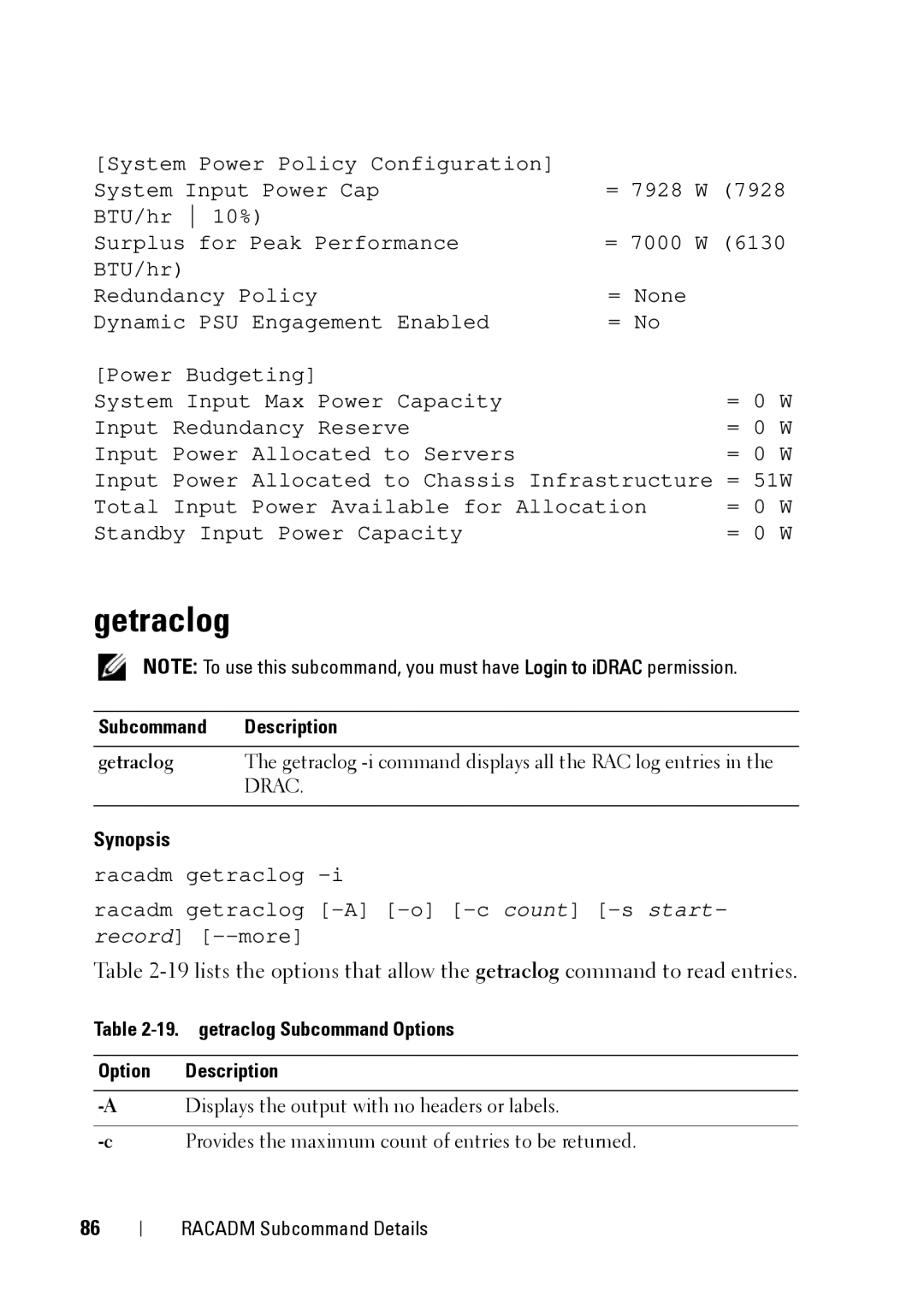 Dell CMC 3.2 manual Getraclog, getraclog Subcommand Options Description, Displays the output with no headers or labels 