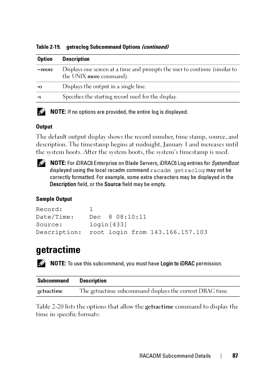 Dell IDRAC6 1.95 manual Getractime, getraclog Subcommand Options Option Description, Displays the output in a single line 