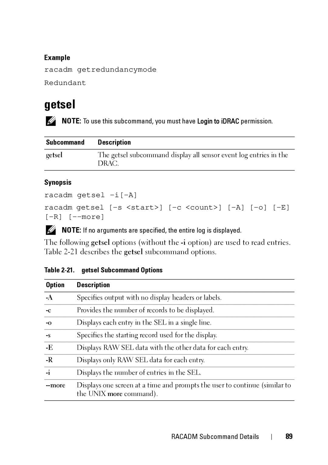 Dell CMC 3.2, IDRAC6 1.95, IDRAC6 3.5 manual Getsel, getsel Subcommand Options Description, More 