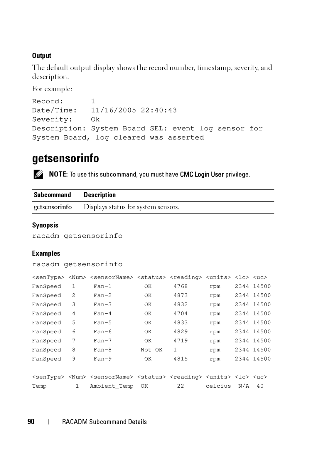 Dell IDRAC6 1.95, IDRAC6 3.5, CMC 3.2 manual Getsensorinfo, Output 