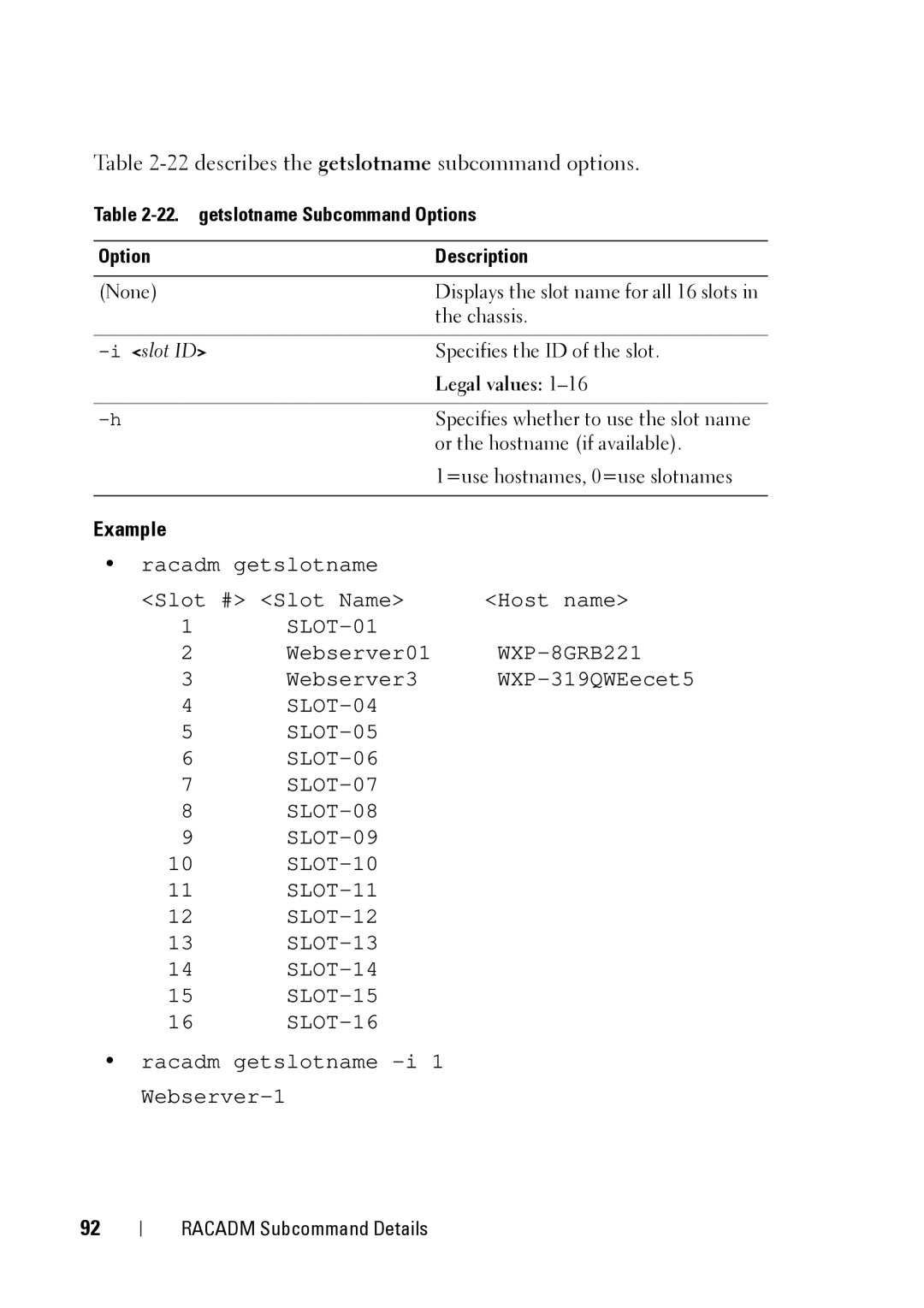 Dell CMC 3.2 22describes the getslotname subcommand options, getslotname Subcommand Options Description, Legal values 