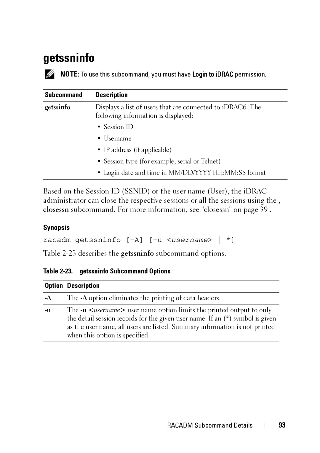 Dell IDRAC6 1.95, IDRAC6 3.5, CMC 3.2 manual Getssninfo, 23describes the getssninfo subcommand options, Getssinfo 