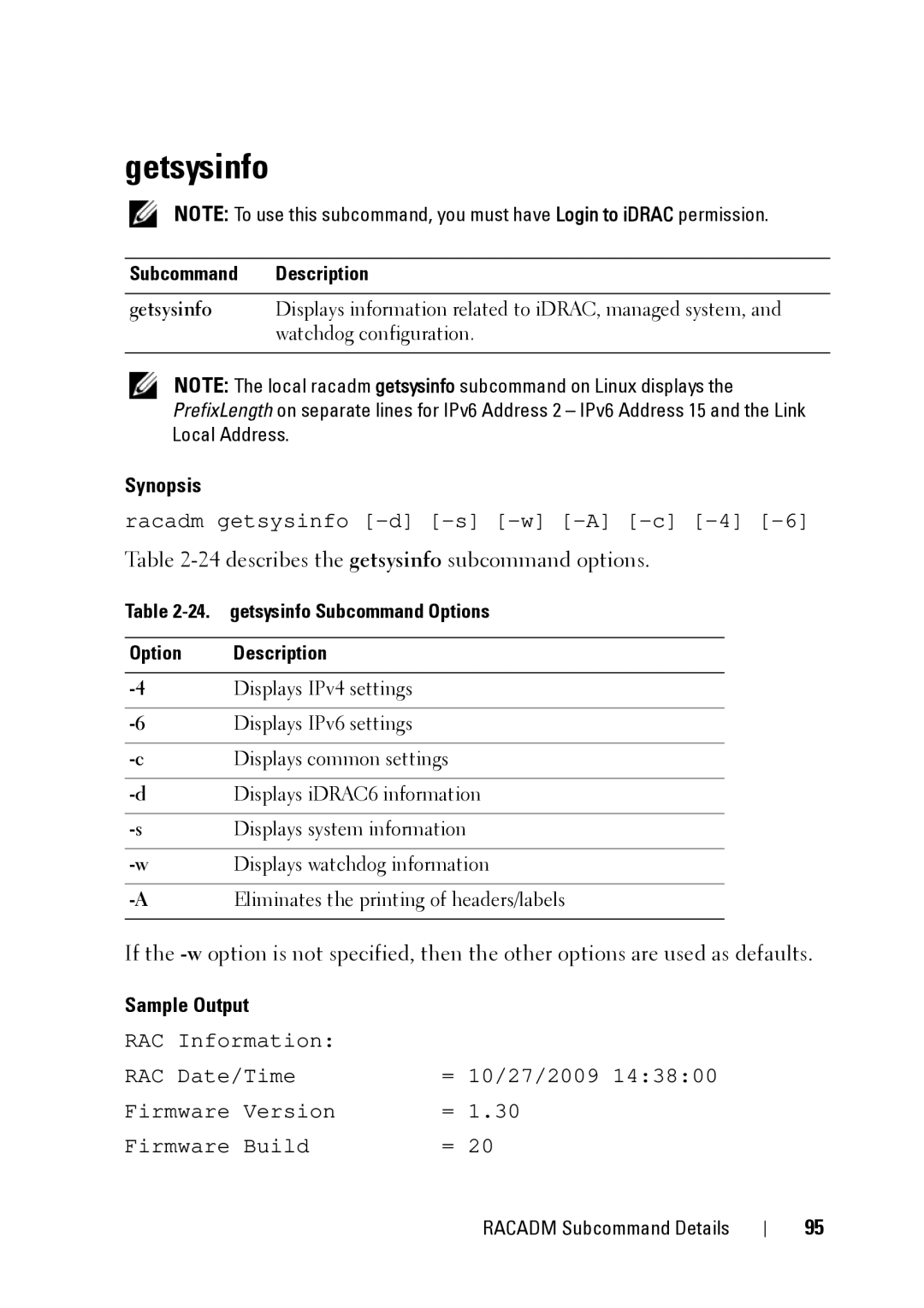 Dell CMC 3.2 manual Getsysinfo, 24describes the getsysinfo subcommand options, getsysinfo Subcommand Options Description 