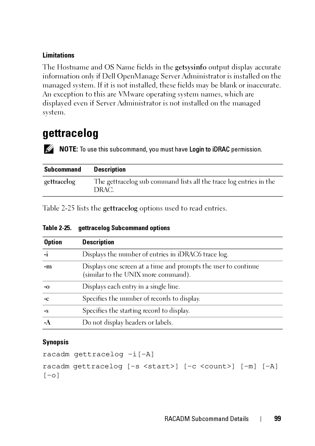 Dell IDRAC6 1.95, IDRAC6 3.5, CMC 3.2 manual Gettracelog, Limitations, 25lists the gettracelog options used to read entries 