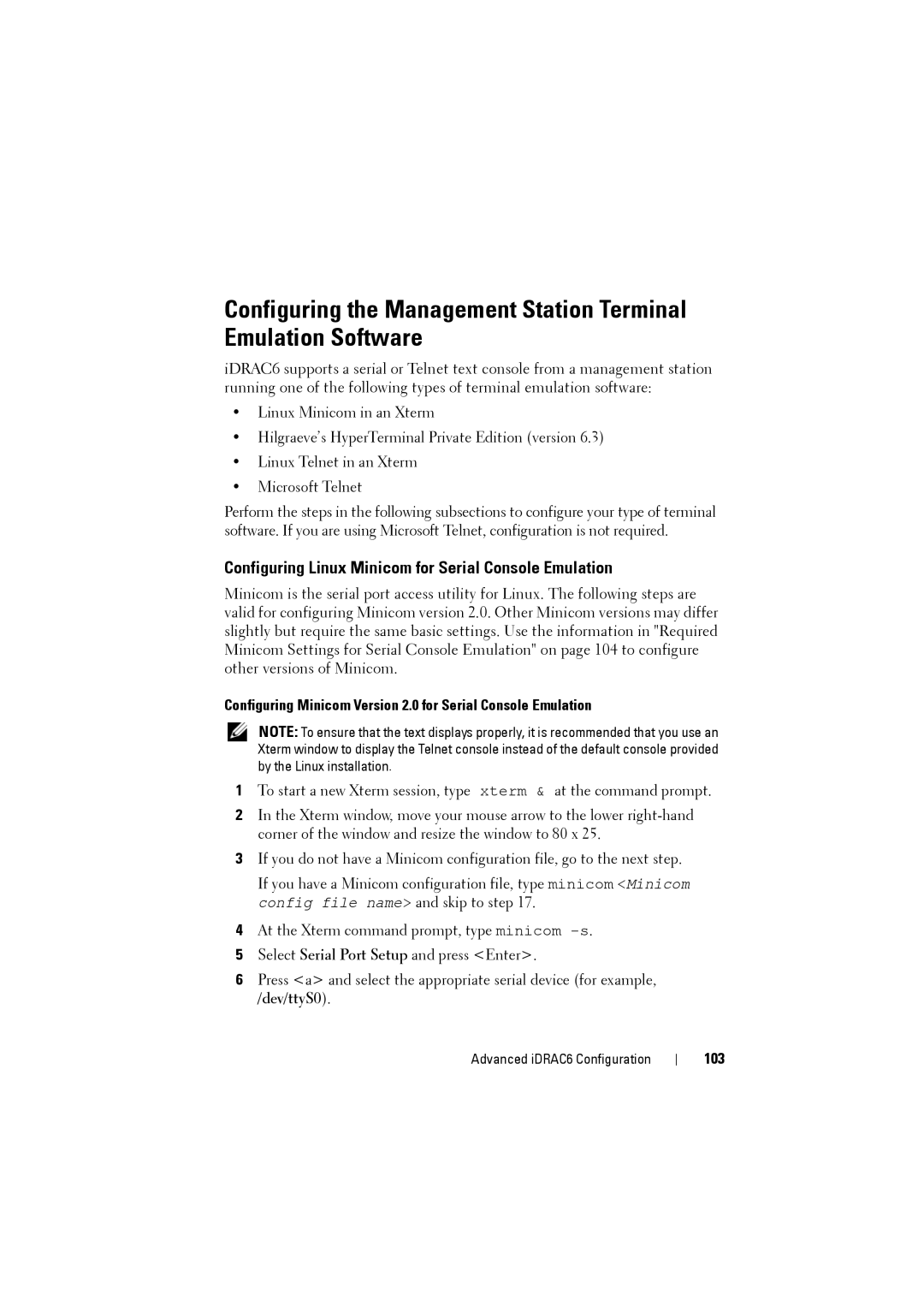 Dell IDRAC6 manual Configuring Linux Minicom for Serial Console Emulation, 103 