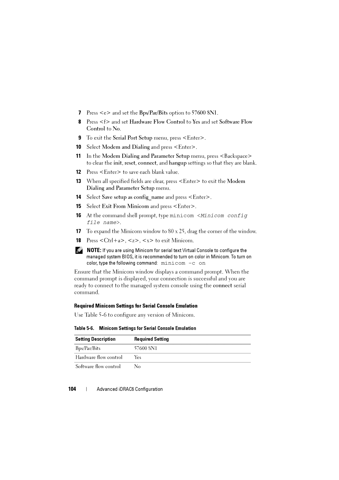 Dell IDRAC6 Select Save setup as configname and press Enter, Required Minicom Settings for Serial Console Emulation, 104 