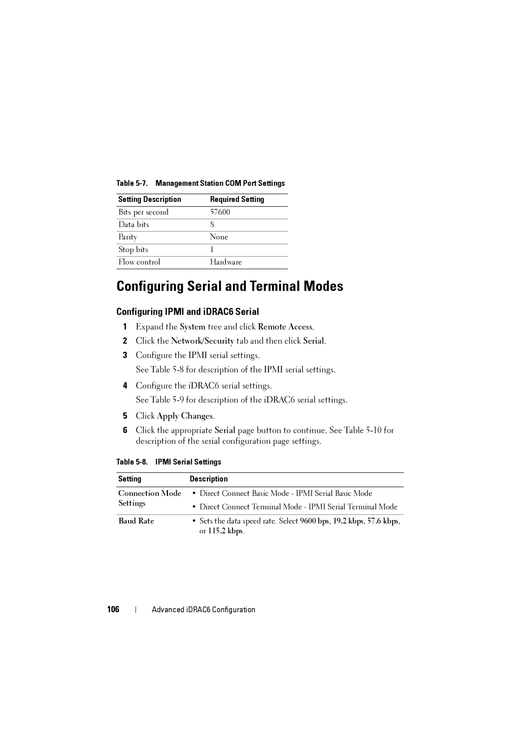 Dell IDRAC6 manual Configuring Serial and Terminal Modes, Configuring Ipmi and iDRAC6 Serial, 106 