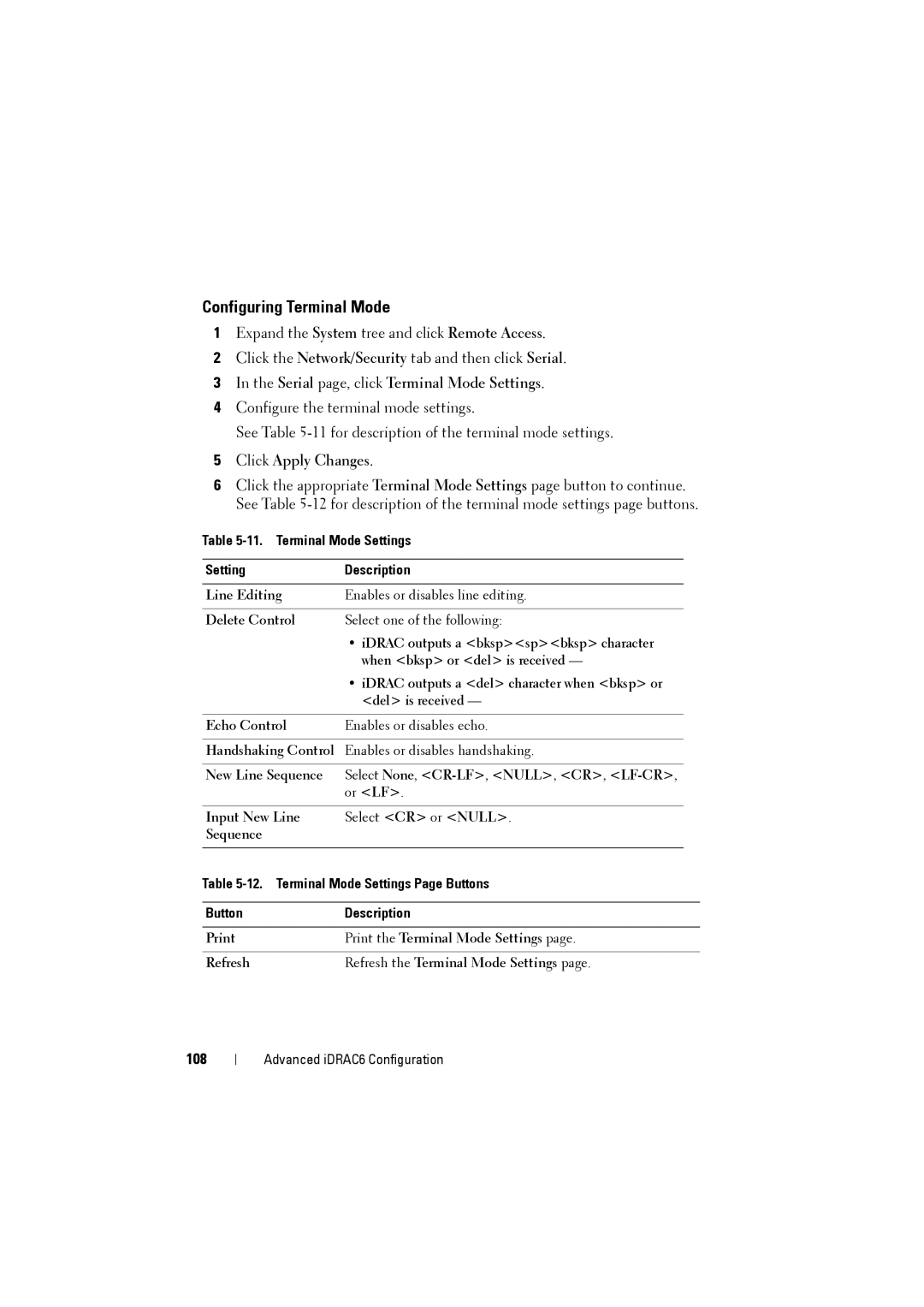 Dell IDRAC6 Configuring Terminal Mode, Serial page, click Terminal Mode Settings, 108, Terminal Mode Settings Description 