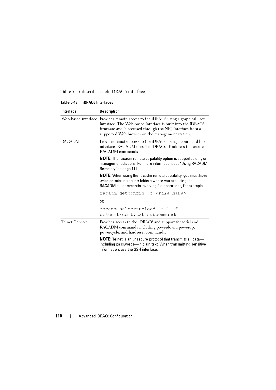 Dell IDRAC6 manual 110, iDRAC6 Interfaces InterfaceDescription, Powercycle, and hardreset commands 