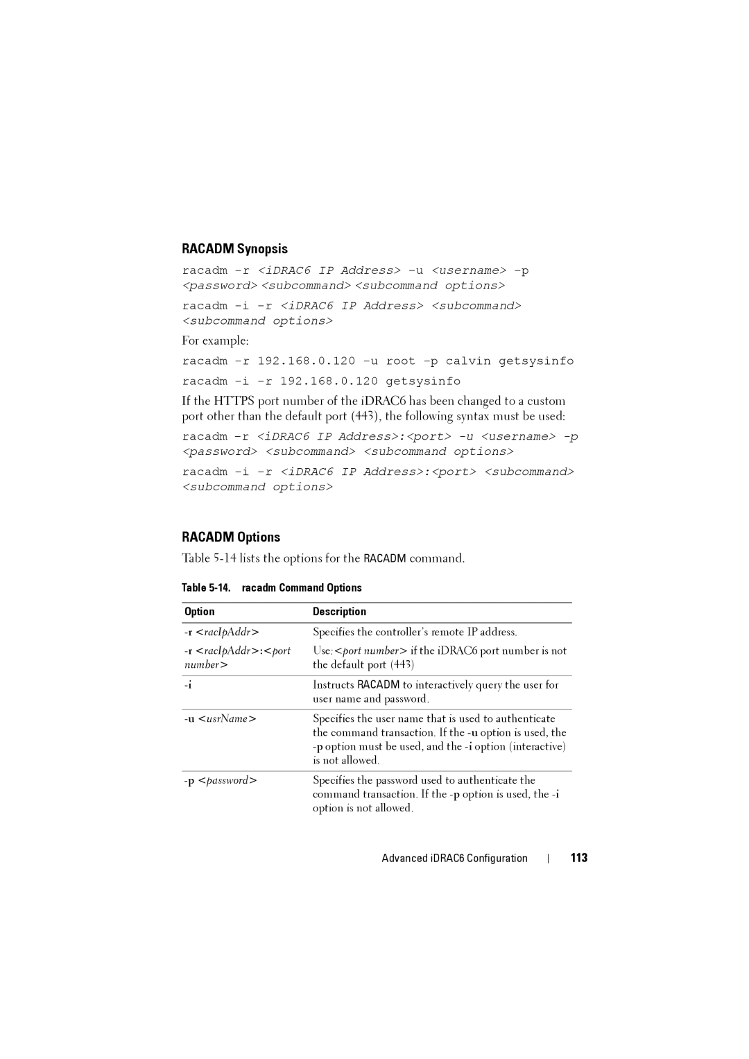 Dell IDRAC6 manual Racadm Synopsis, Racadm Options, 113, racadm Command Options Description 