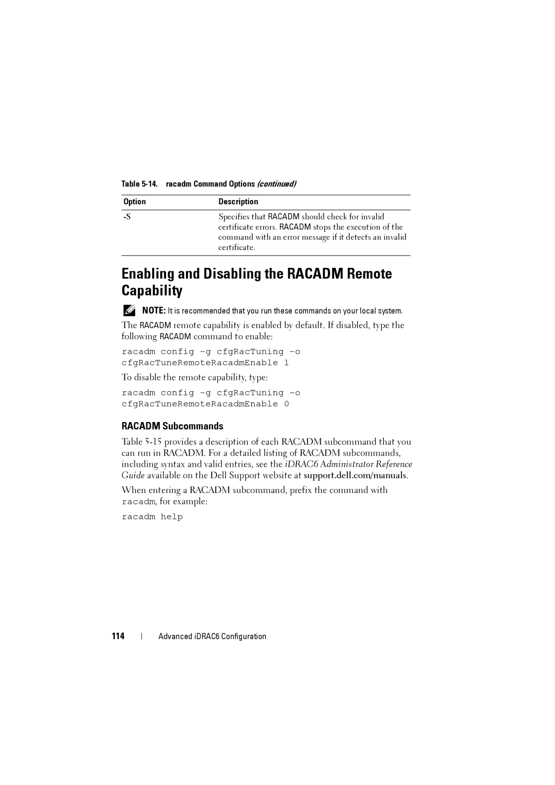 Dell IDRAC6 manual Enabling and Disabling the Racadm Remote Capability, Racadm Subcommands, 114 