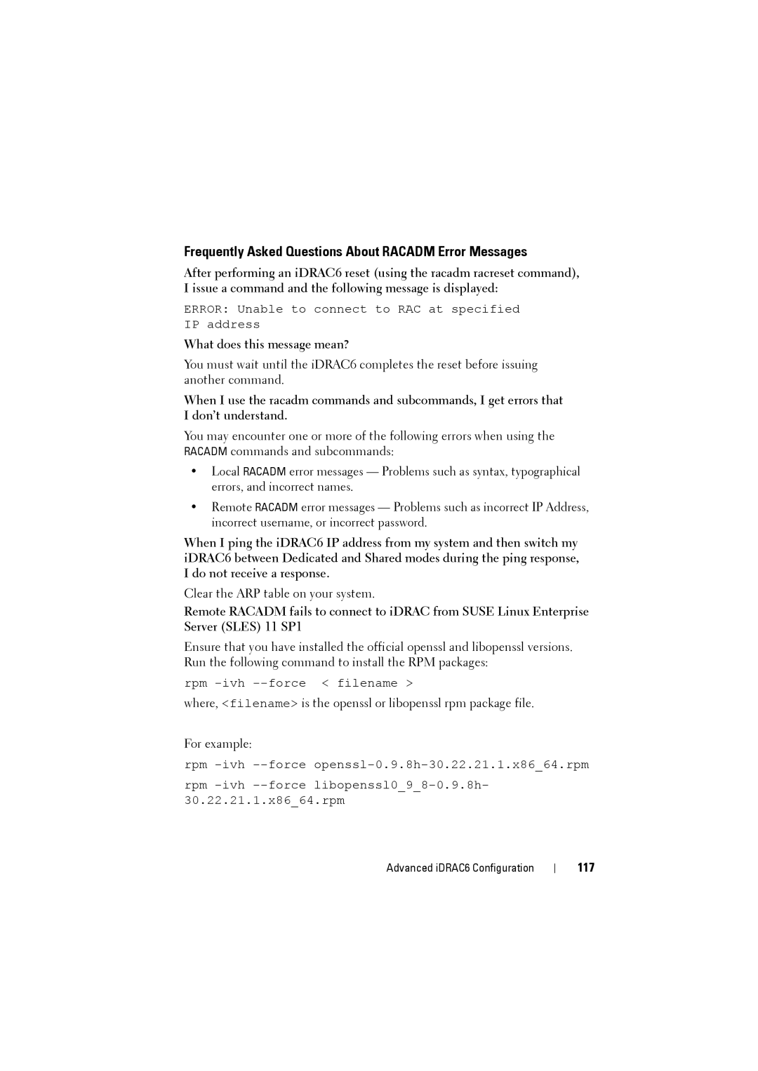 Dell IDRAC6 manual Frequently Asked Questions About Racadm Error Messages, What does this message mean?, 117 