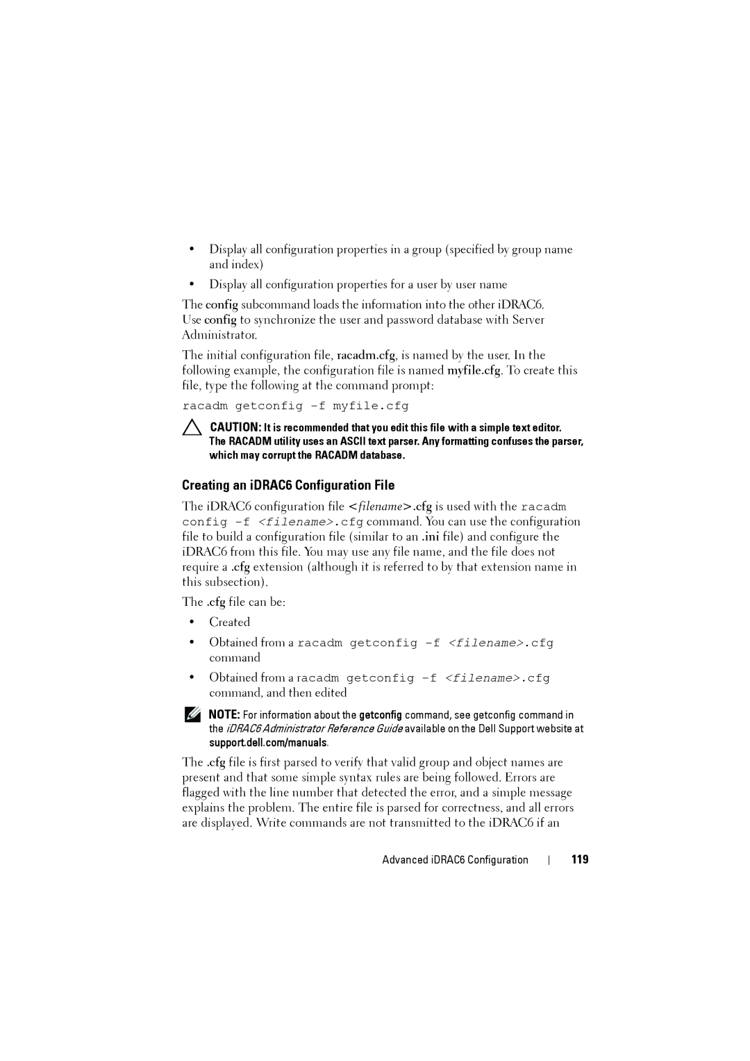 Dell IDRAC6 manual Creating an iDRAC6 Configuration File, 119 