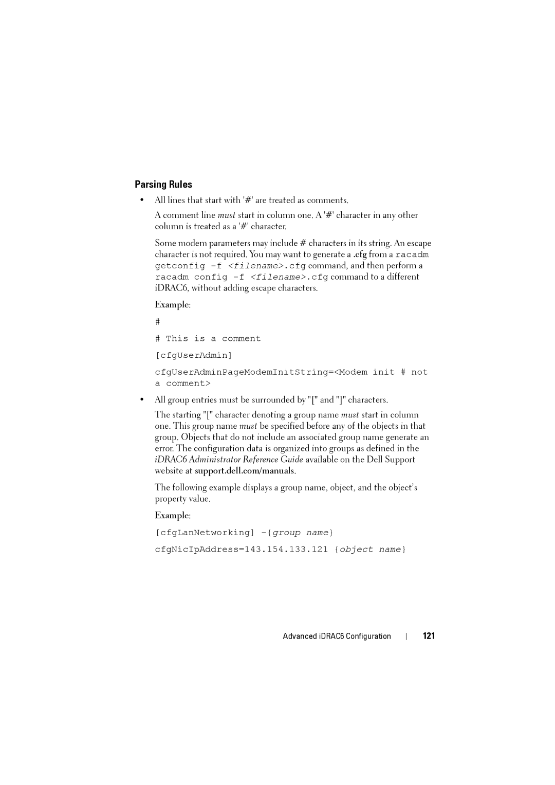 Dell IDRAC6 manual Parsing Rules, Example, 121 