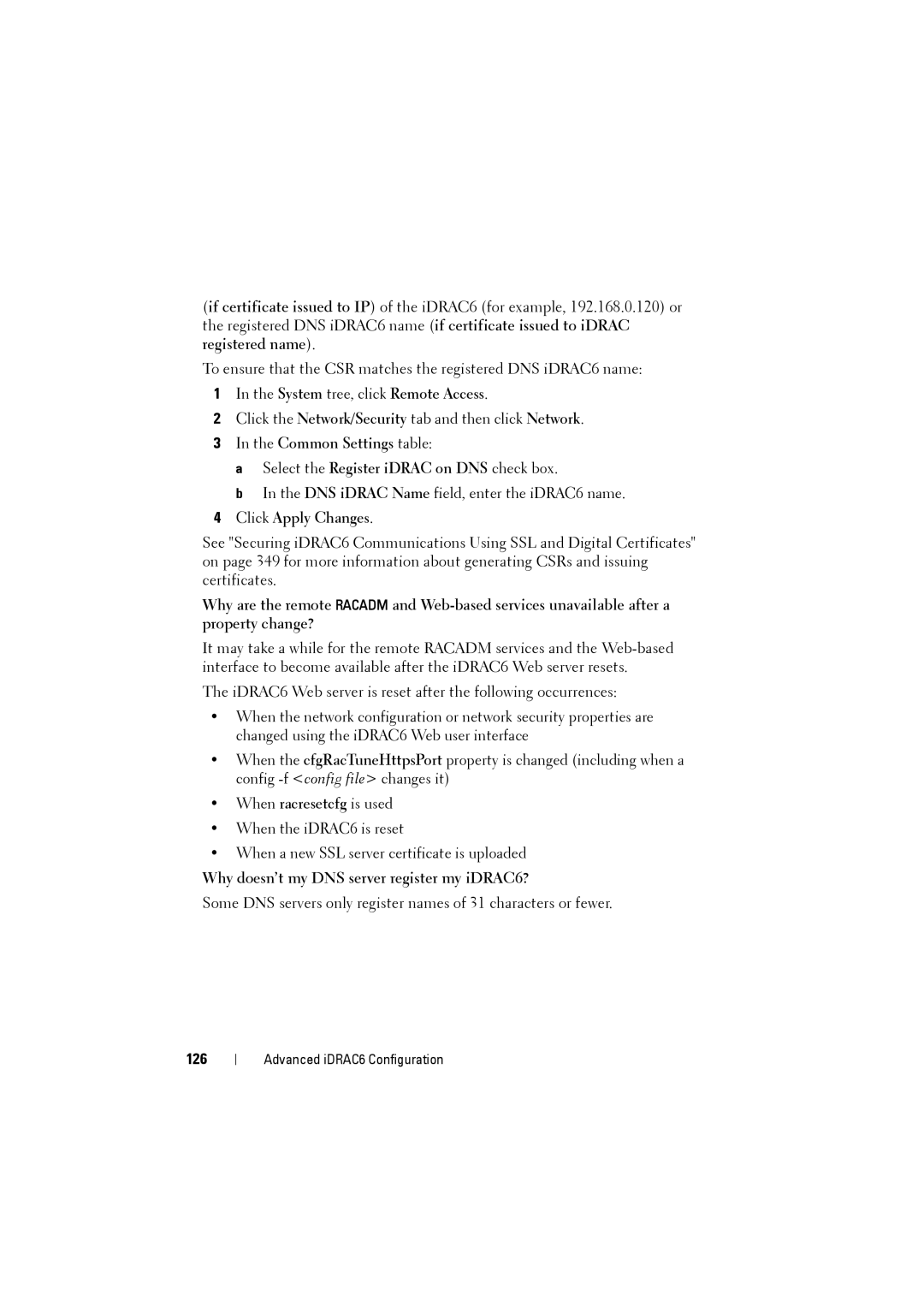 Dell IDRAC6 manual Why doesn’t my DNS server register my iDRAC6?, 126 
