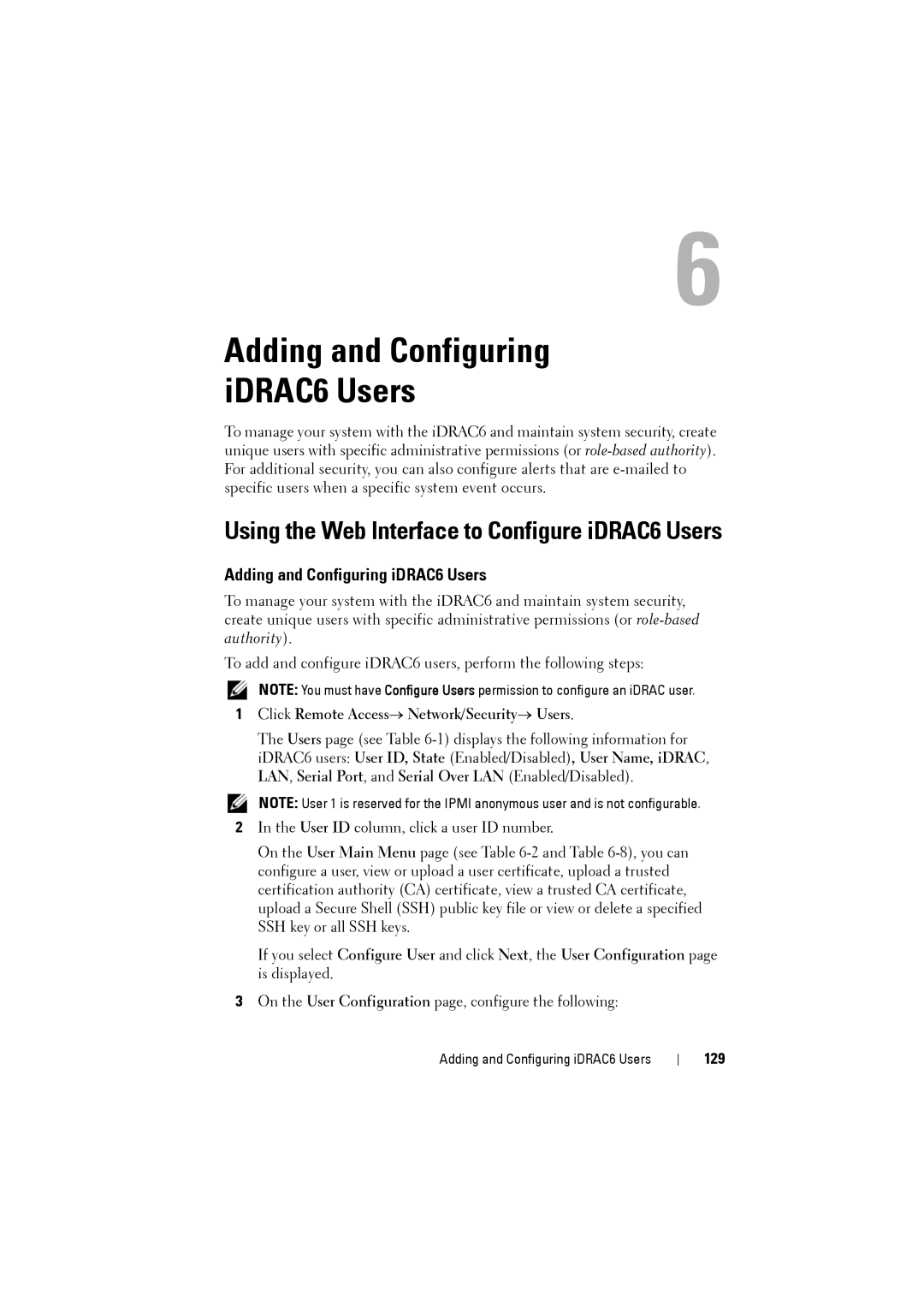 Dell manual Adding and Configuring IDRAC6 Users, Adding and Configuring iDRAC6 Users, 129 