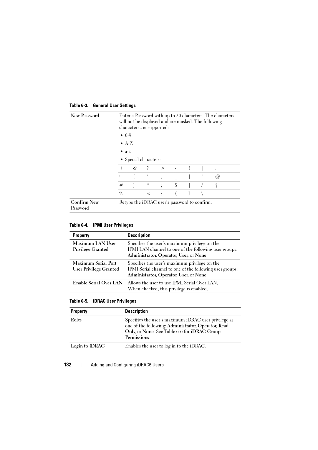 Dell IDRAC6 manual 132, General User Settings, Ipmi User Privileges PropertyDescription 