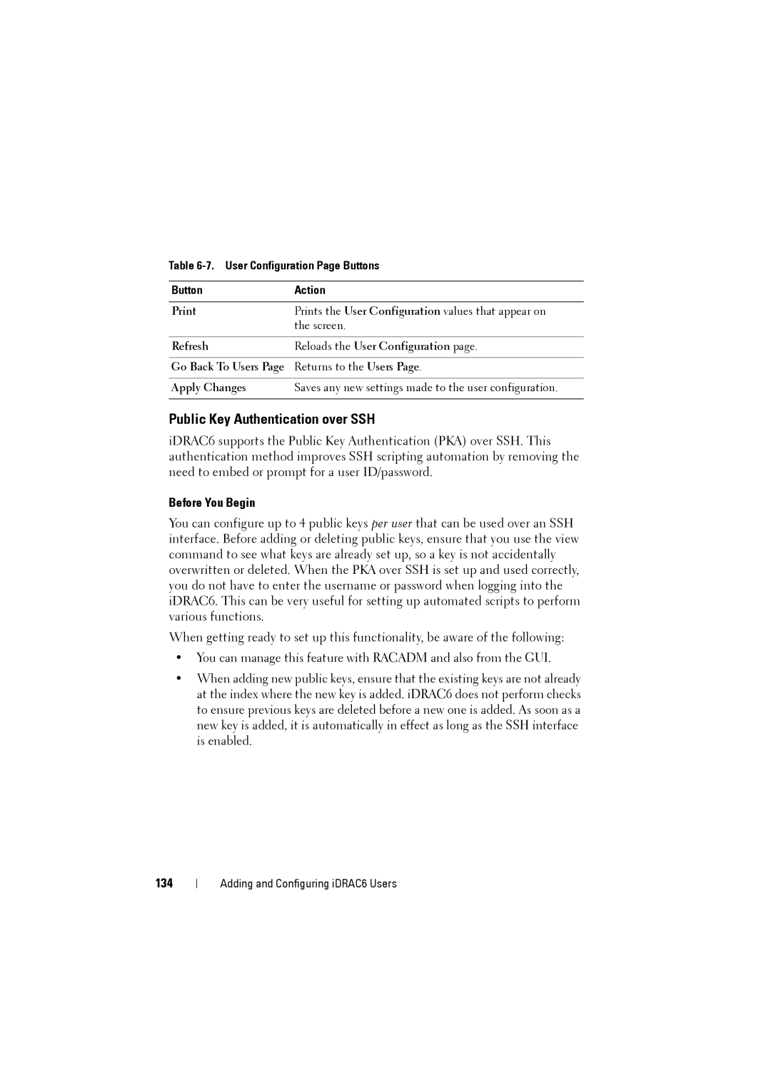 Dell IDRAC6 manual Public Key Authentication over SSH, Before You Begin, 134, User Configuration Page Buttons Action 