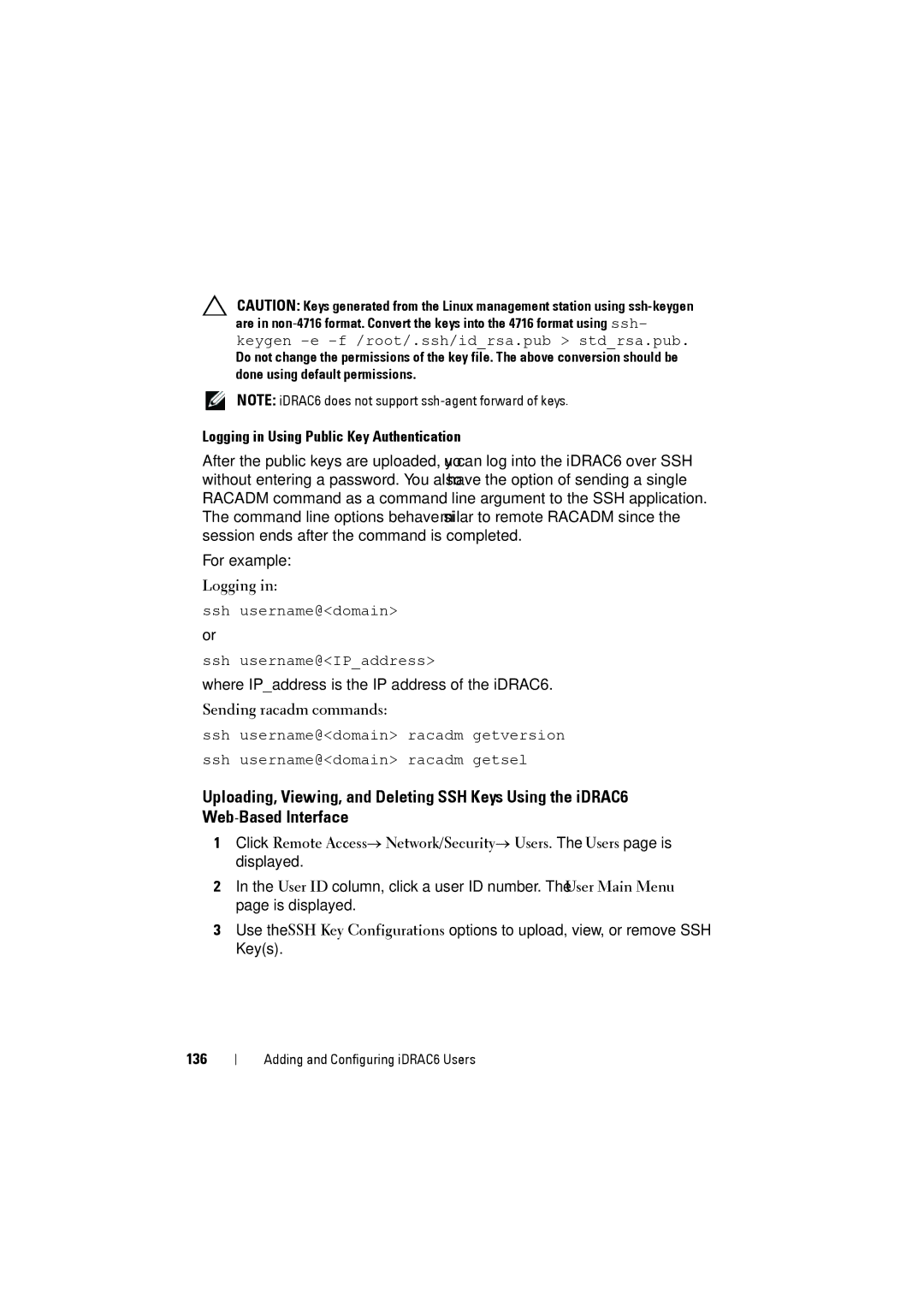 Dell IDRAC6 manual Logging in Using Public Key Authentication, Sending racadm commands, 136 