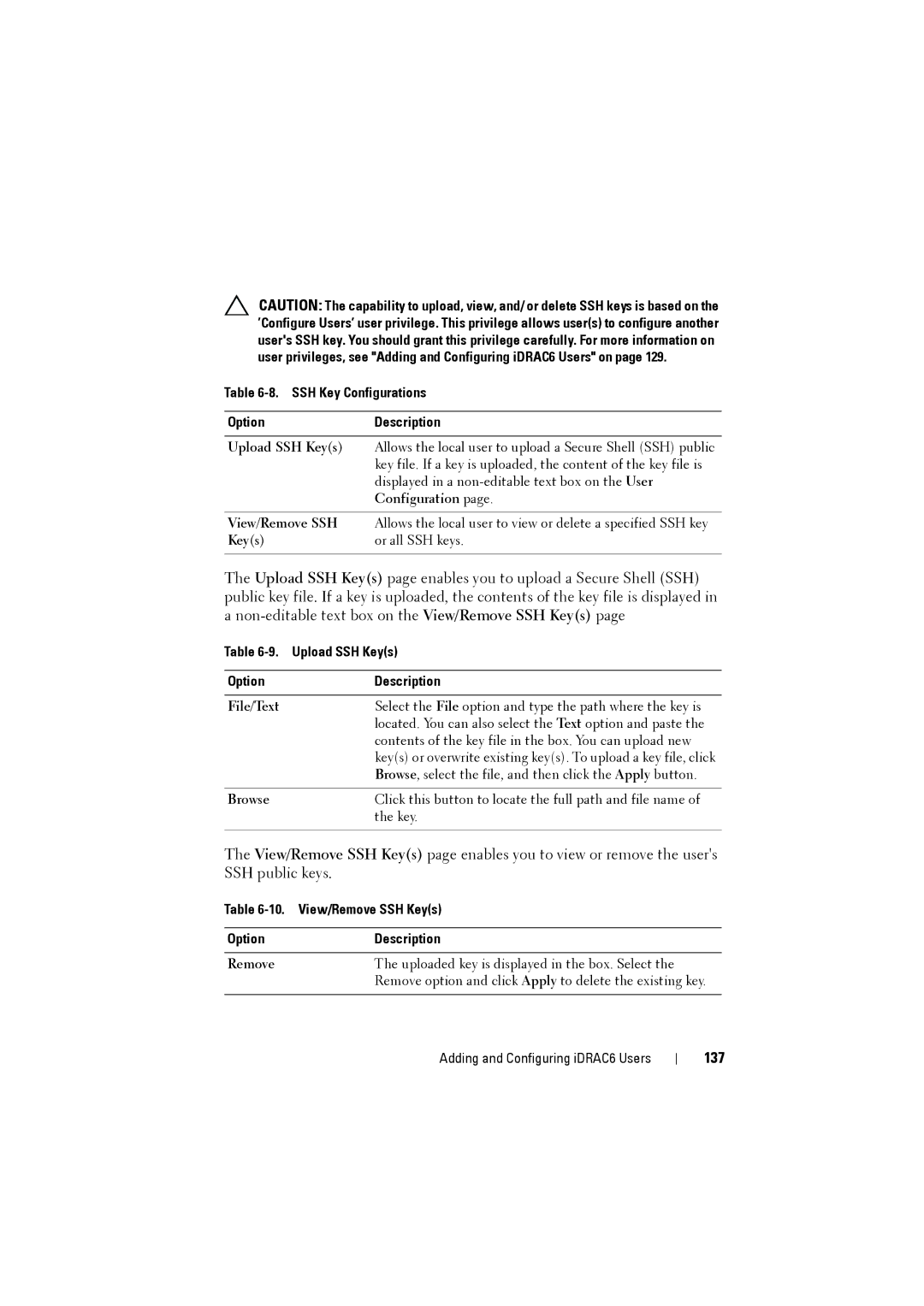 Dell IDRAC6 manual 137, SSH Key Configurations Option Description, Upload SSH Keys Option Description 