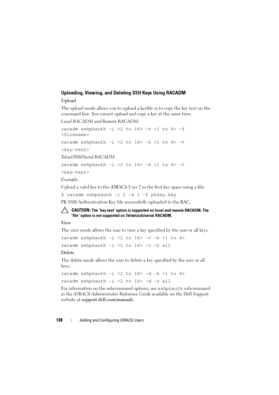 Dell IDRAC6 manual Uploading, Viewing, and Deleting SSH Keys Using Racadm, Delete, 138 