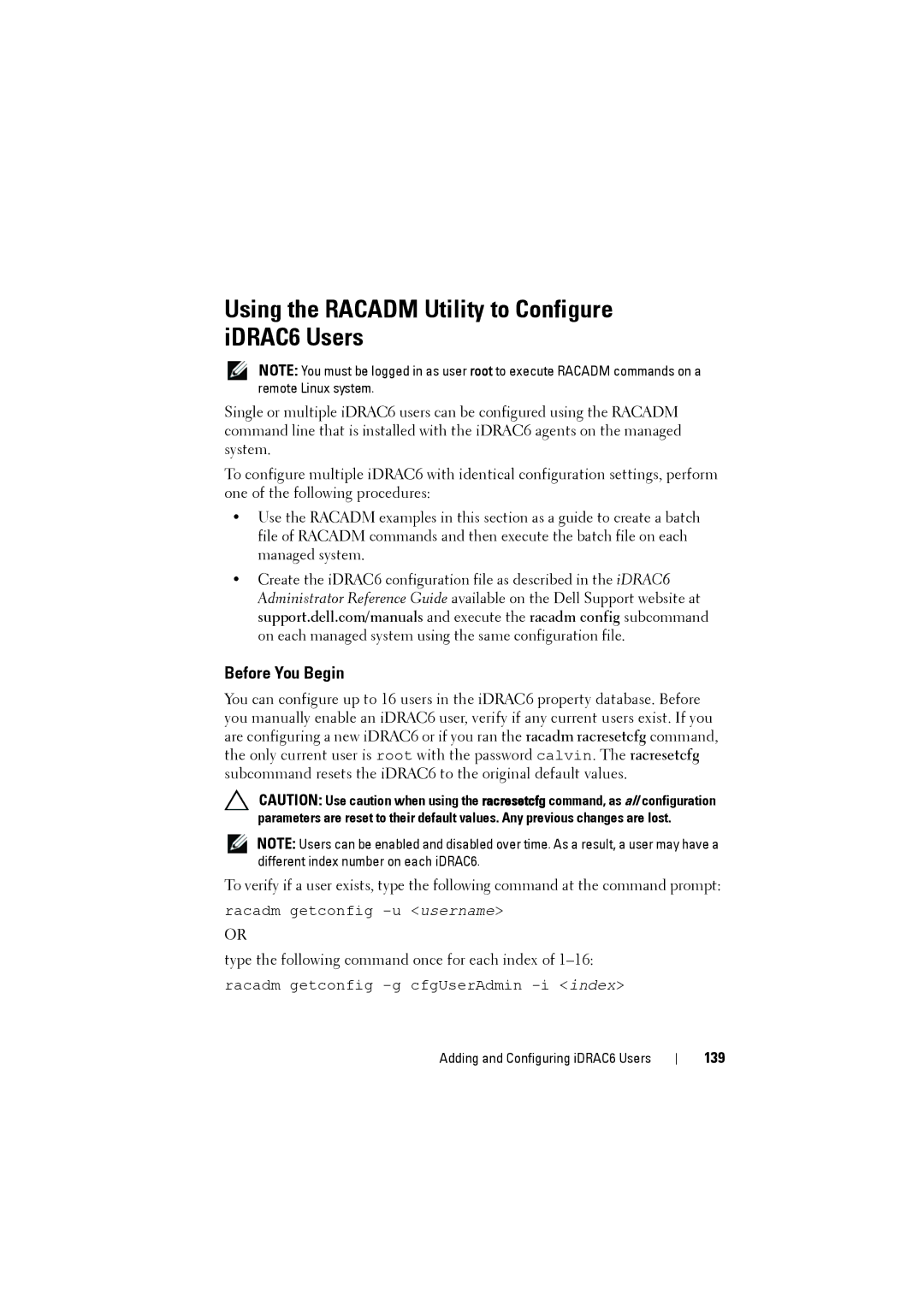 Dell IDRAC6 manual Using the Racadm Utility to Configure iDRAC6 Users, 139 