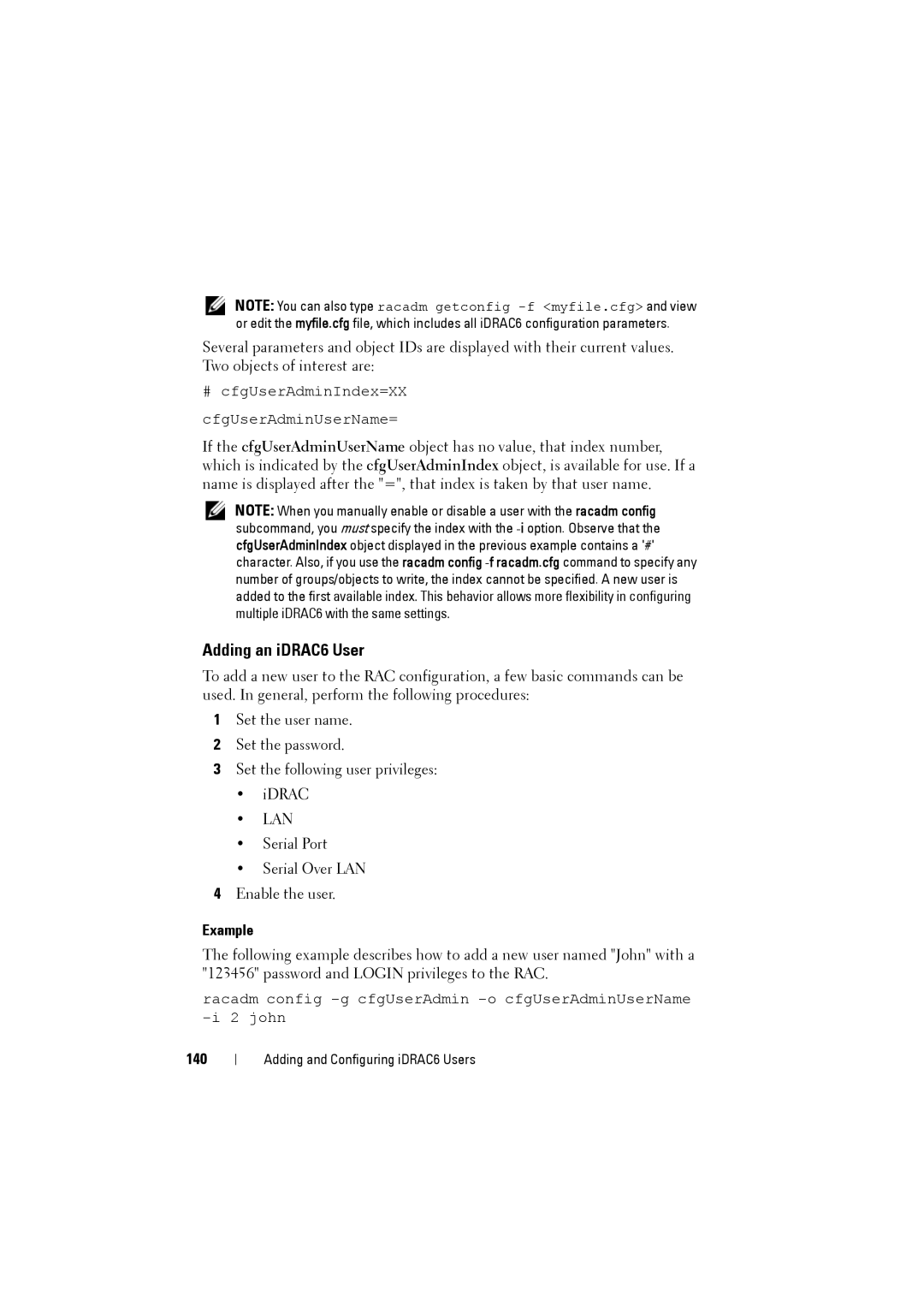 Dell IDRAC6 manual Adding an iDRAC6 User, Example, 140 