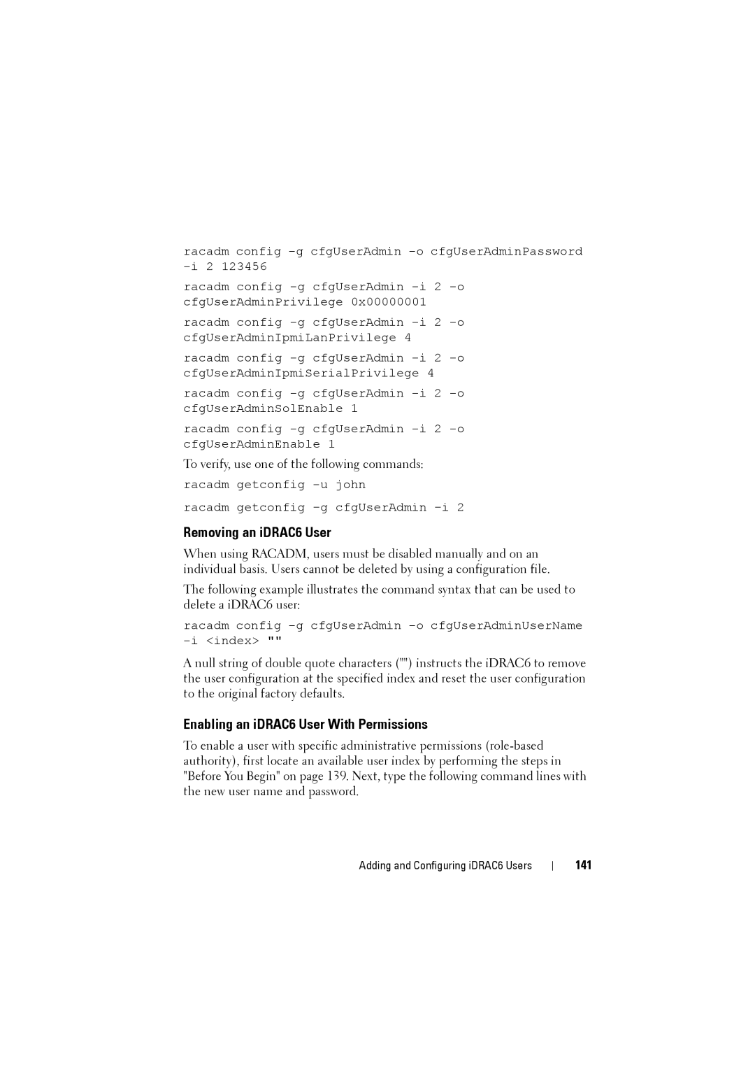 Dell IDRAC6 manual Removing an iDRAC6 User, Enabling an iDRAC6 User With Permissions, 141 