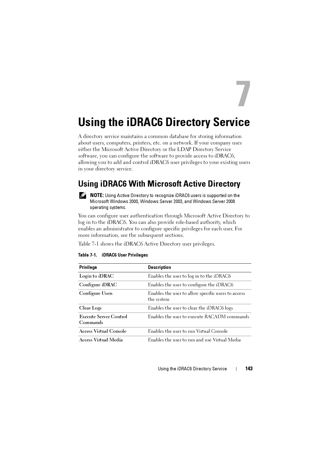 Dell manual Using iDRAC6 With Microsoft Active Directory, 143, IDRAC6 User Privileges Description 