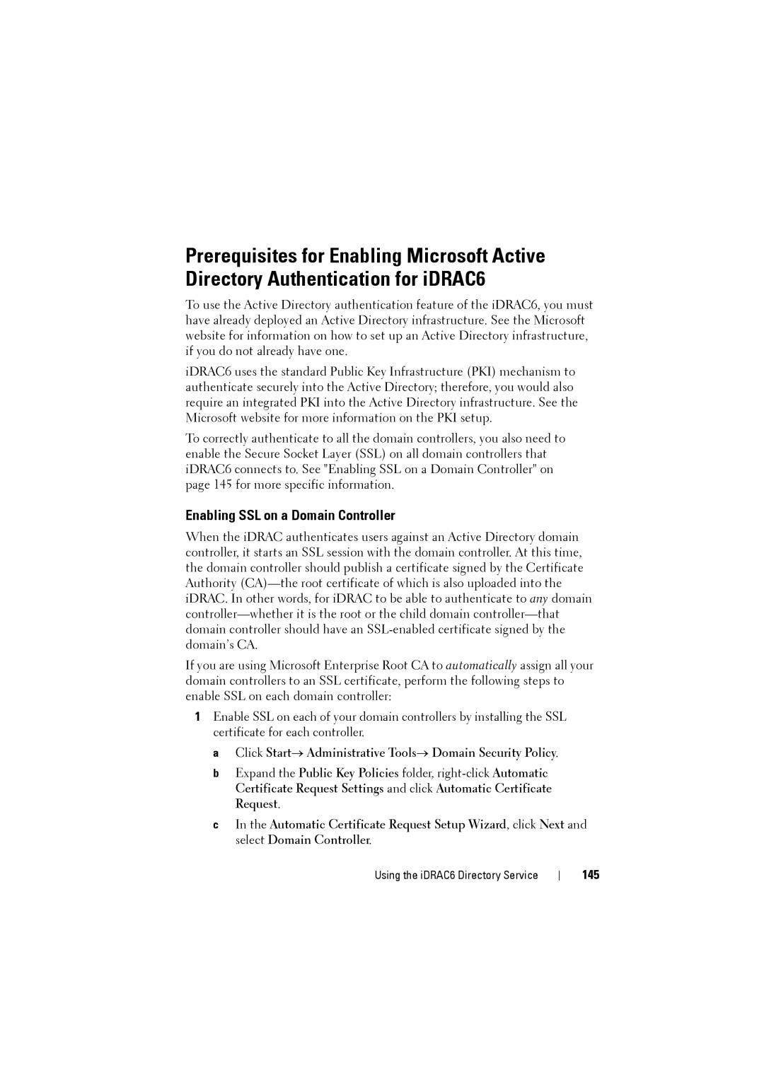 Dell IDRAC6 manual Enabling SSL on a Domain Controller, Click Start→ Administrative Tools→ Domain Security Policy, 145 
