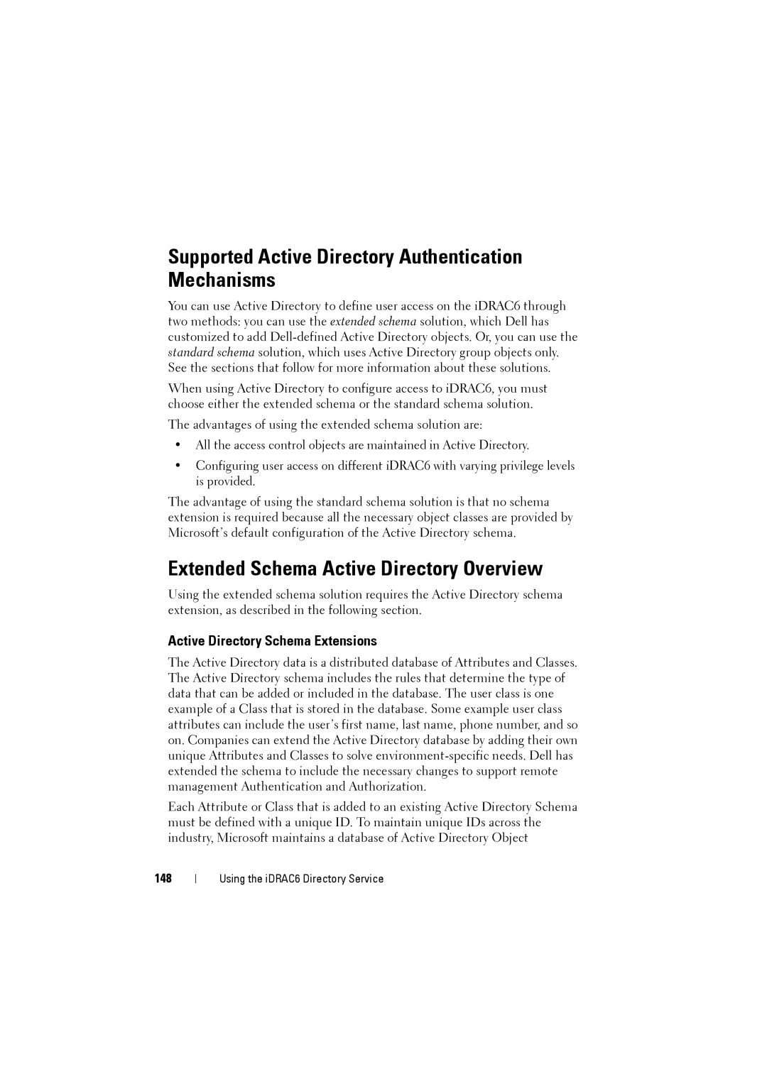 Dell IDRAC6 manual Supported Active Directory Authentication Mechanisms, Extended Schema Active Directory Overview, 148 