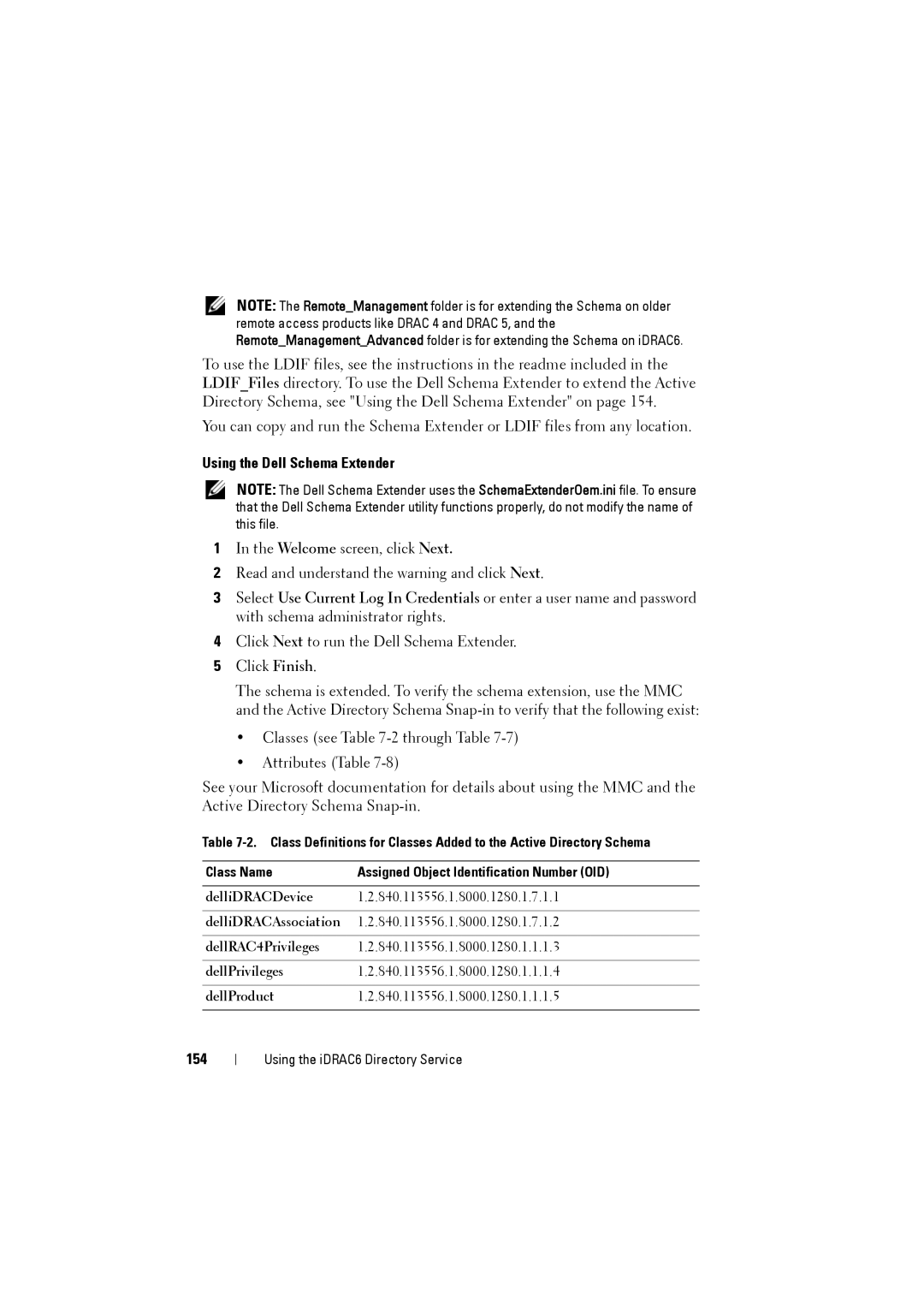 Dell IDRAC6 manual Using the Dell Schema Extender, 154 