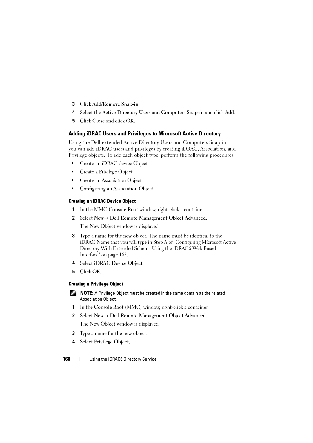 Dell IDRAC6 manual Creating an iDRAC Device Object, Select iDRAC Device Object, Creating a Privilege Object, 160 