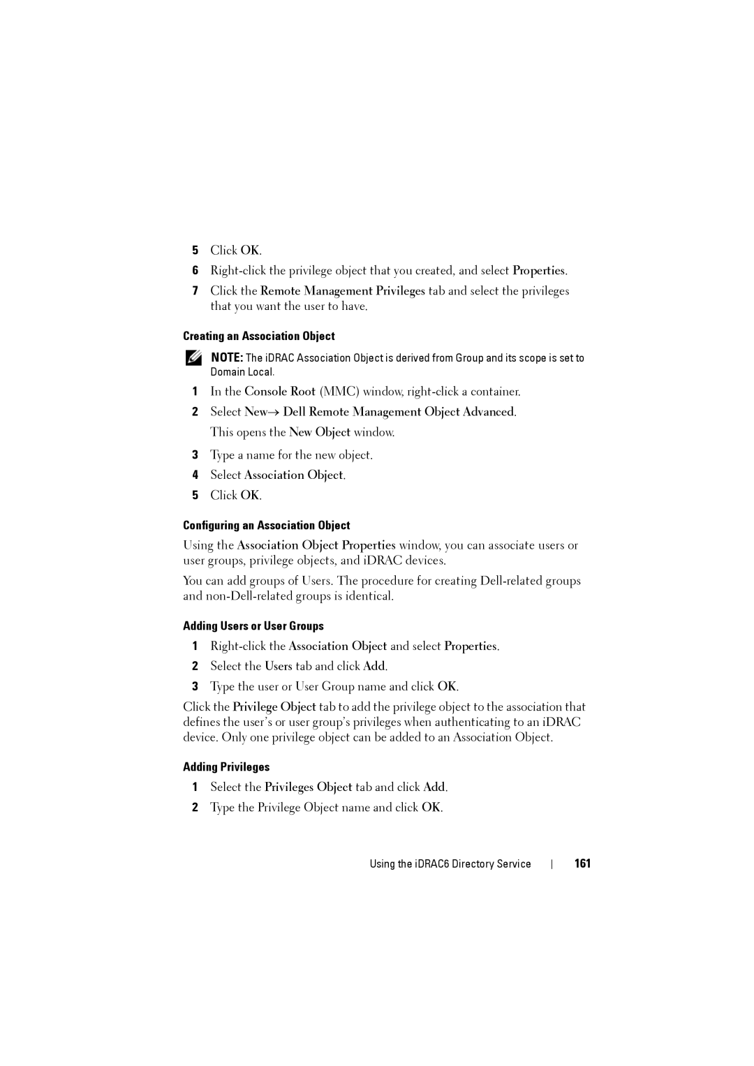Dell IDRAC6 manual Creating an Association Object, Configuring an Association Object, Adding Users or User Groups, 161 