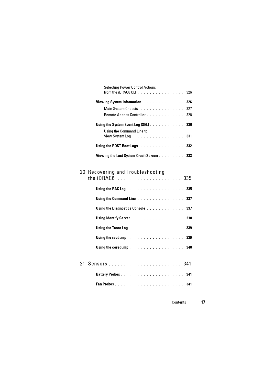 Dell IDRAC6 manual Using the System Event Log SEL 330, 332, 333, 335, Using the Diagnostics Console 337, 338, 339, 340 