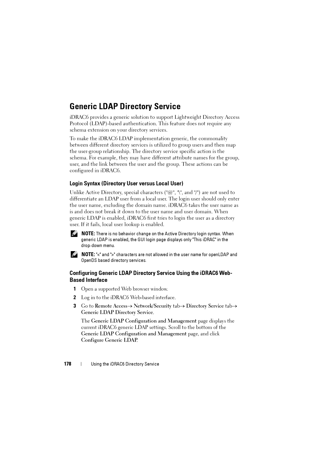 Dell IDRAC6 manual Generic Ldap Directory Service, Login Syntax Directory User versus Local User, 178 