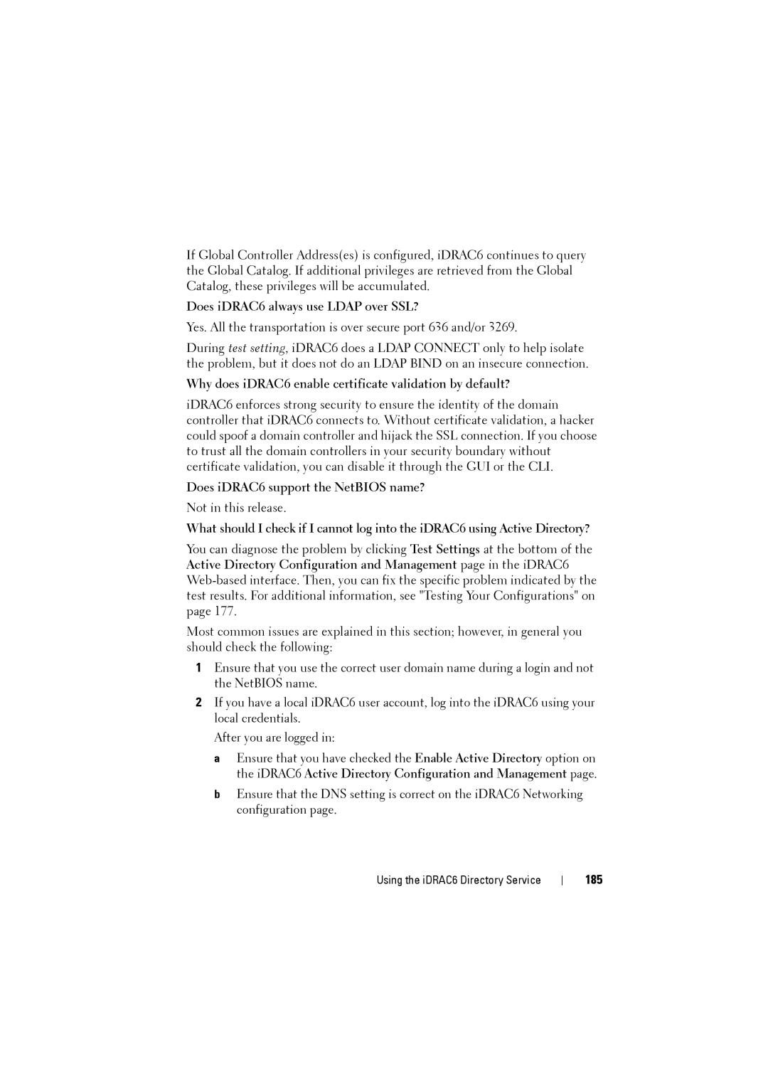 Dell IDRAC6 manual Does iDRAC6 always use Ldap over SSL?, Why does iDRAC6 enable certificate validation by default?, 185 