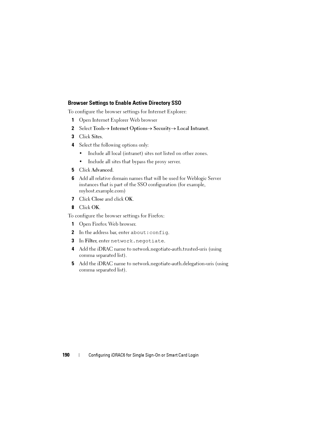 Dell IDRAC6 Browser Settings to Enable Active Directory SSO, Select Tools→ Internet Options→ Security→ Local Intranet, 190 