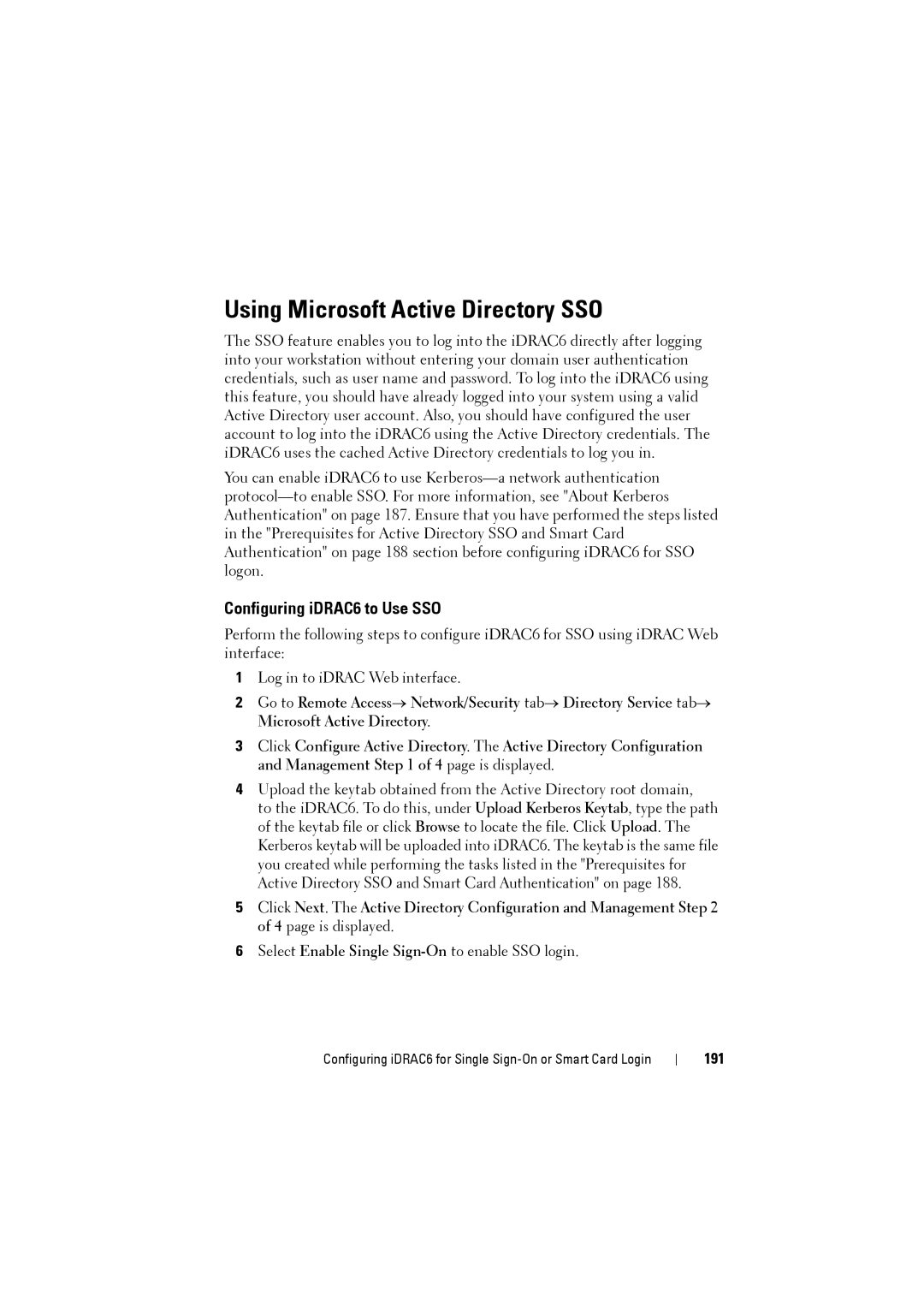 Dell IDRAC6 manual Using Microsoft Active Directory SSO, Configuring iDRAC6 to Use SSO, 191 