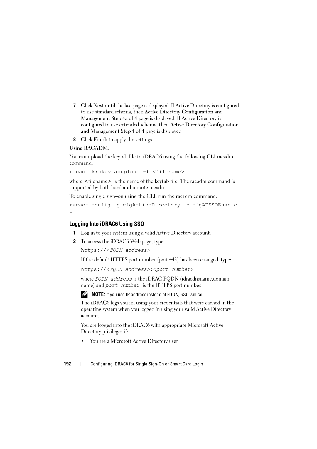 Dell IDRAC6 manual Logging Into iDRAC6 Using SSO, Using Racadm, 192 