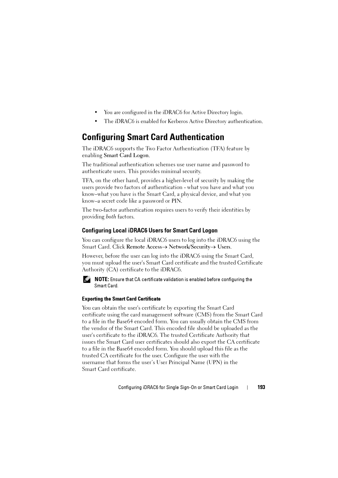 Dell IDRAC6 manual Configuring Smart Card Authentication, Configuring Local iDRAC6 Users for Smart Card Logon, 193 