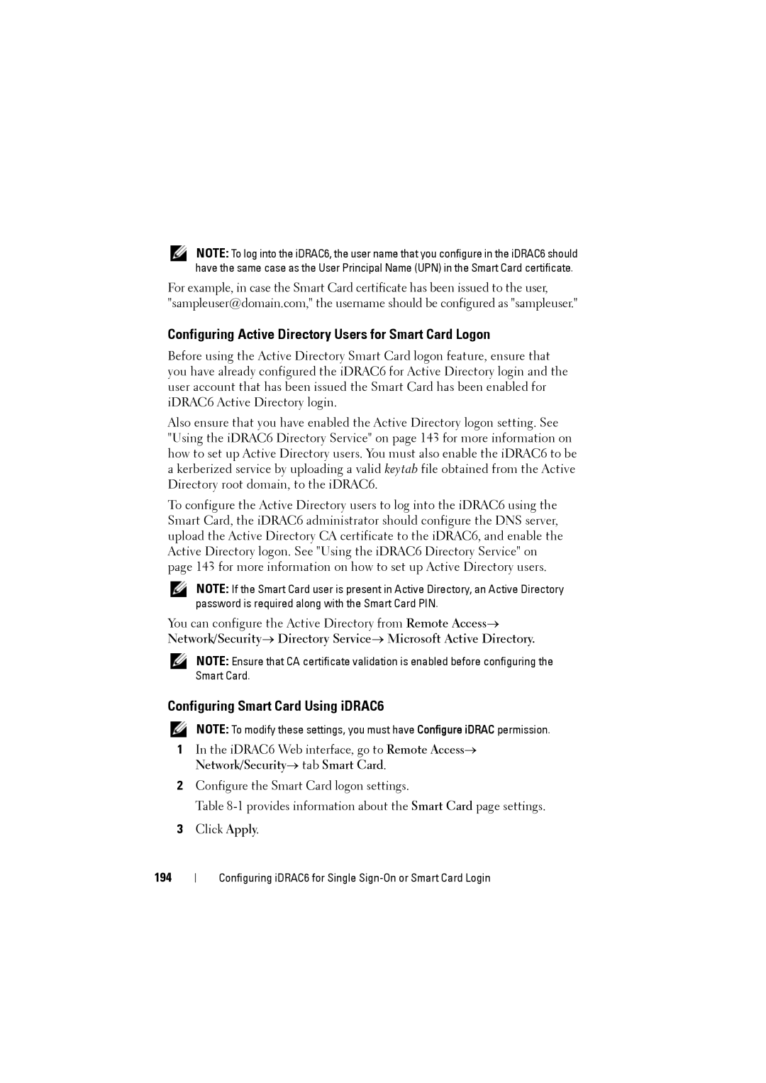 Dell IDRAC6 manual Configuring Active Directory Users for Smart Card Logon, Configuring Smart Card Using iDRAC6, 194 