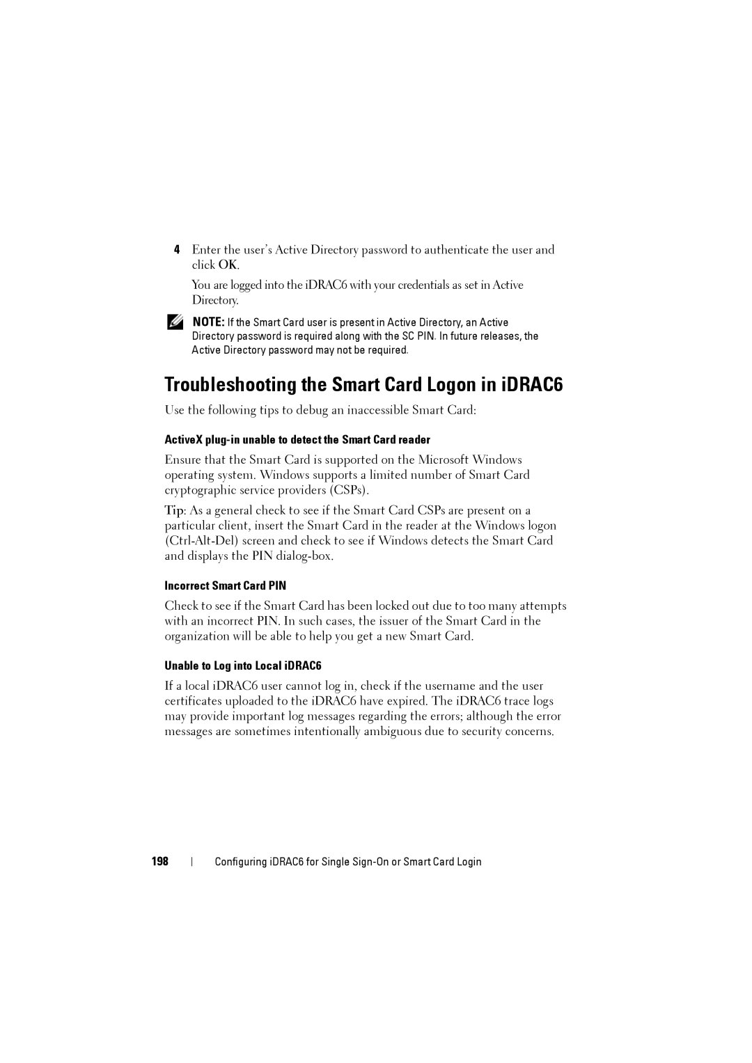 Dell IDRAC6 Troubleshooting the Smart Card Logon in iDRAC6, ActiveX plug-in unable to detect the Smart Card reader, 198 