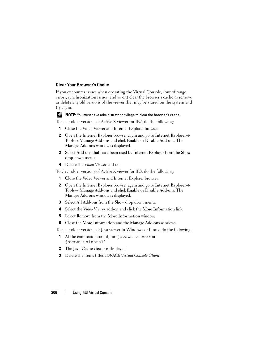 Dell IDRAC6 manual Clear Your Browser’s Cache, Java Cache viewer is displayed, 206 