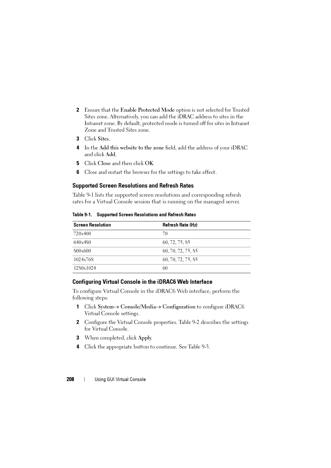 Dell IDRAC6 Supported Screen Resolutions and Refresh Rates, Configuring Virtual Console in the iDRAC6 Web Interface, 208 