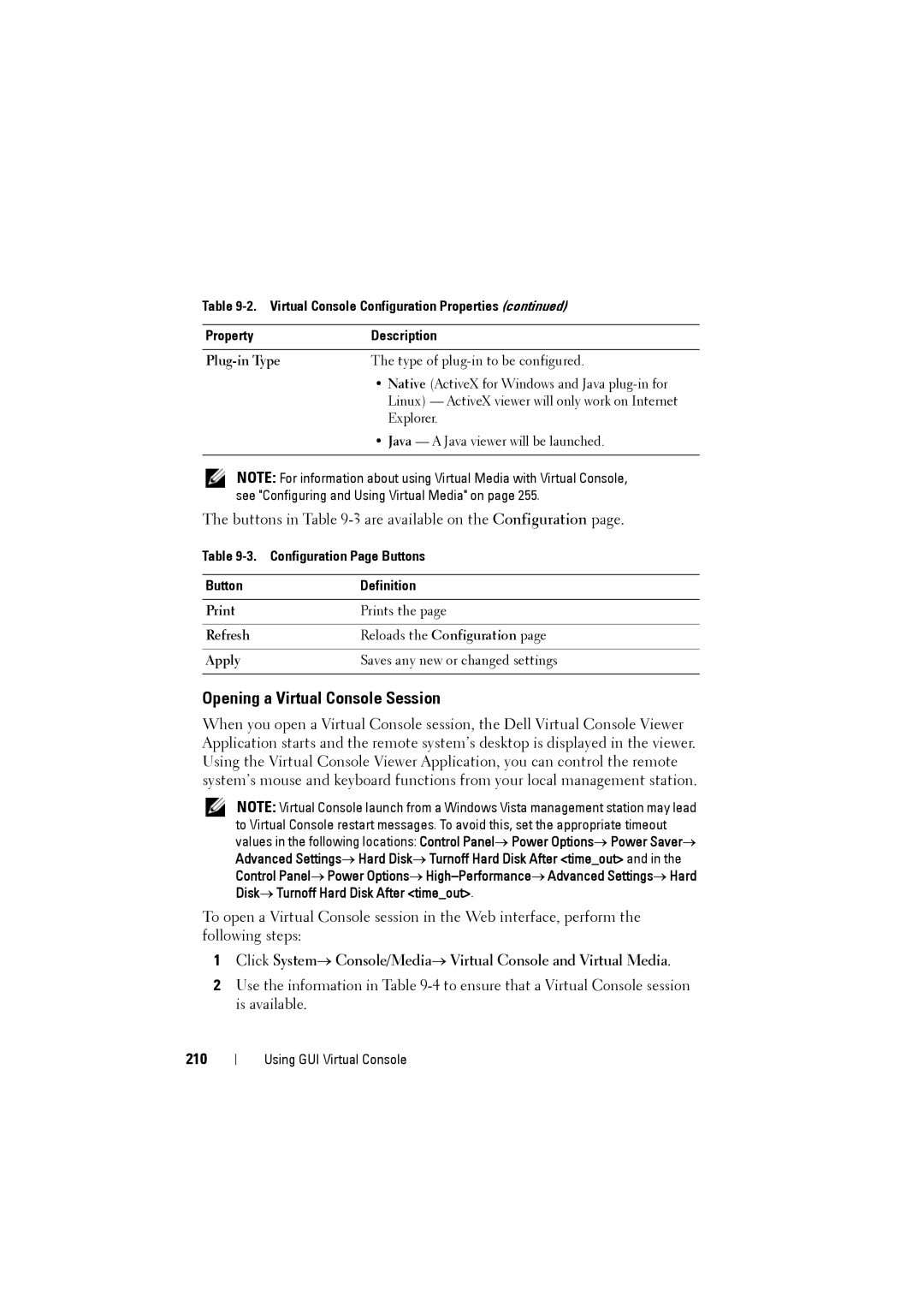 Dell IDRAC6 manual Opening a Virtual Console Session, 210, Plug-in Type, Configuration Page Buttons Definition 